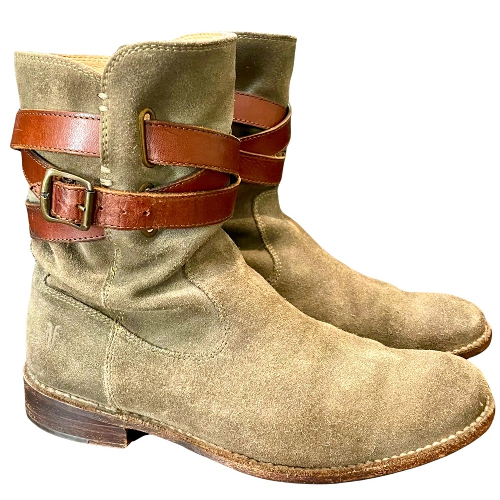 Frye Shirley Short Strappy Boots, Size 8, Tan Greige, Bootie, Suede Leather